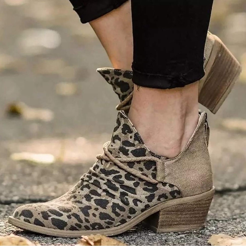 JITUUE Ladies Pointed Leopard Print Block Heel Short Boots